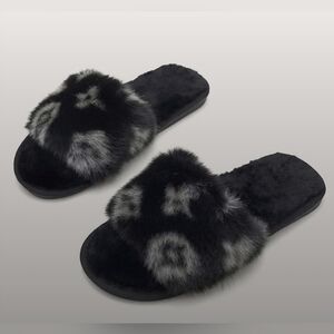 Fluffy Slippers, Non-Branded, Available Black and White or Black and Grey